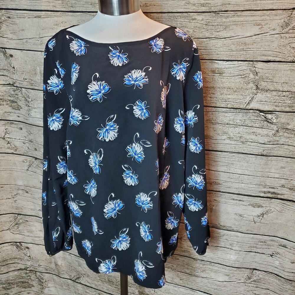 Liz Claiborne Career Woman Top Black with Blue Flowers Size Large - Picture 1 of 8